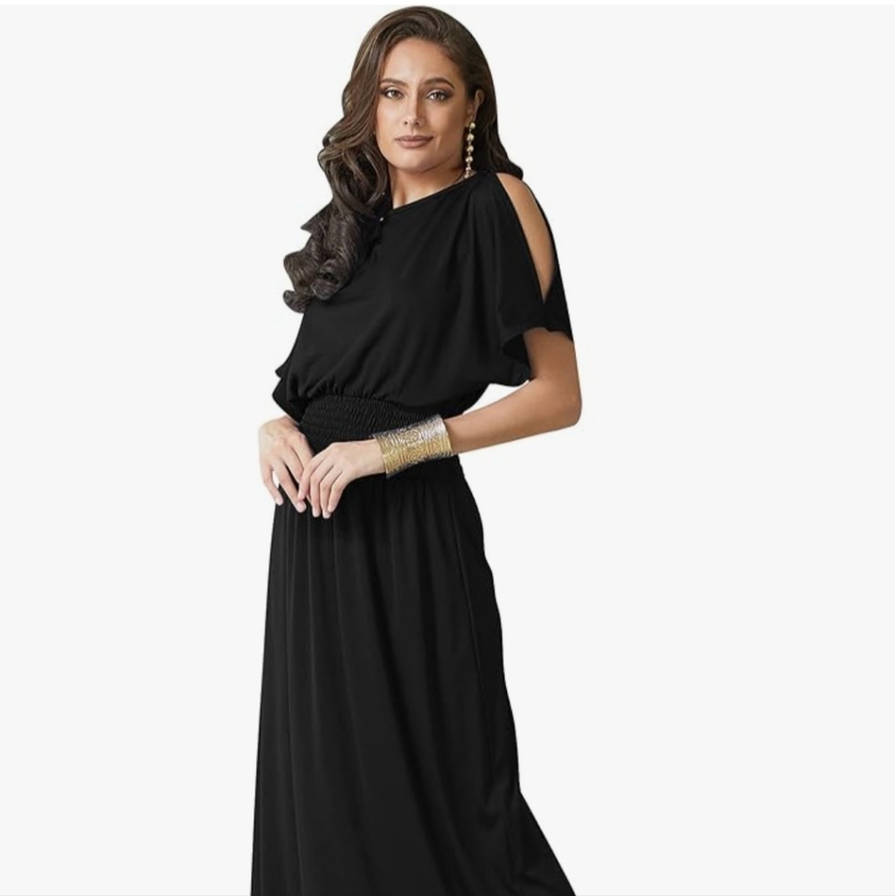 Womens Split Sleeves Smocked Elegant Cocktail Long Maxi Dress